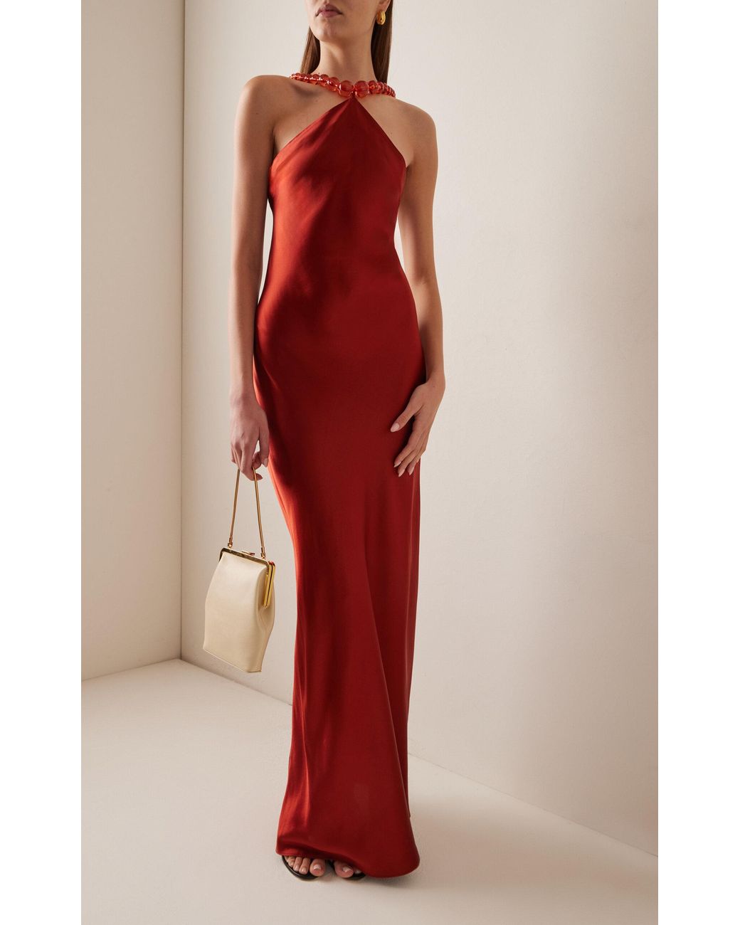 STAUD Cadence Beaded Satin Gown in Red | Lyst