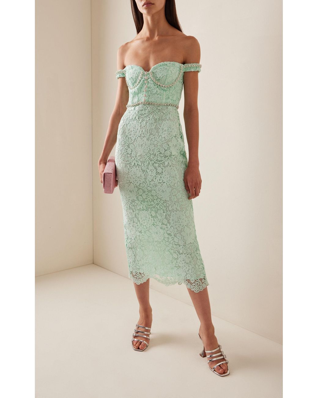 Self-Portrait Off-the-shoulder Lace Diamante Midi Dress in Green | Lyst