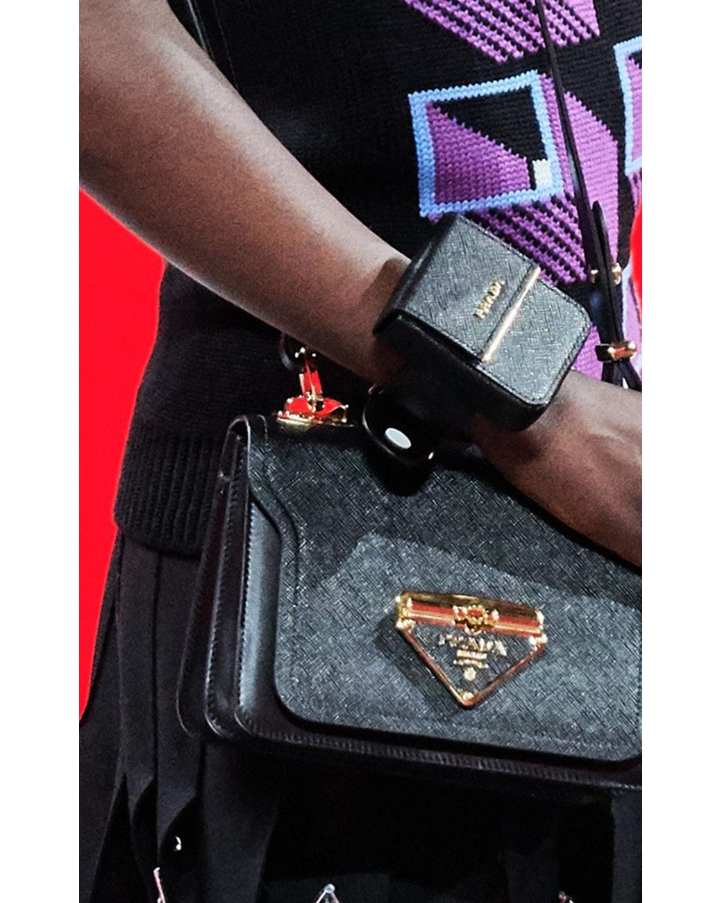 Prada Saffiano Leather Pouch Bracelet in Black | Lyst