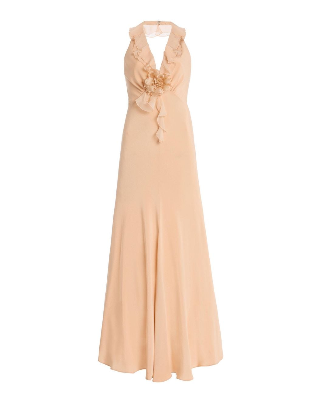 Rodarte Natural Ruffled Silk Crepe Halter Maxi Dress