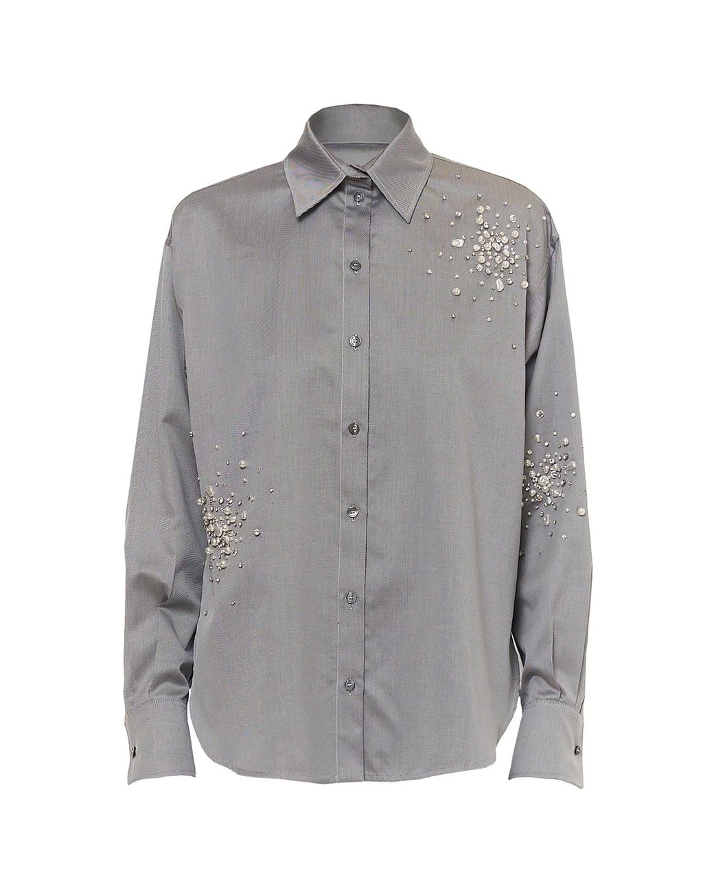 DES_PHEMMES Gray Hand Embroidered Crooked Button Up Shirt