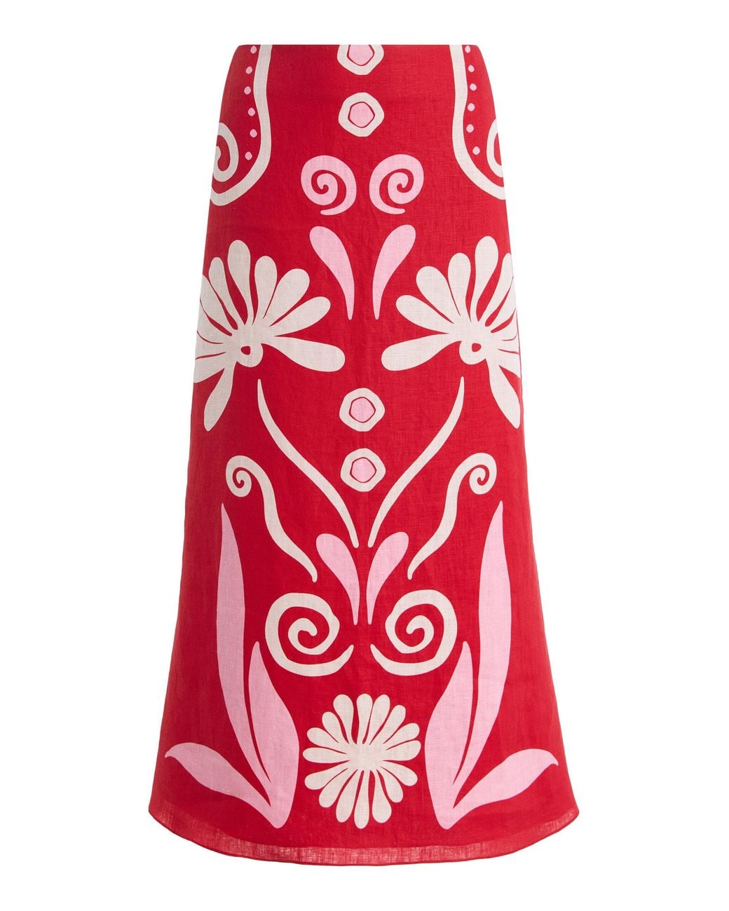 Cala De La Cruz Red Fabiana Printed Linen Midi Skirt
