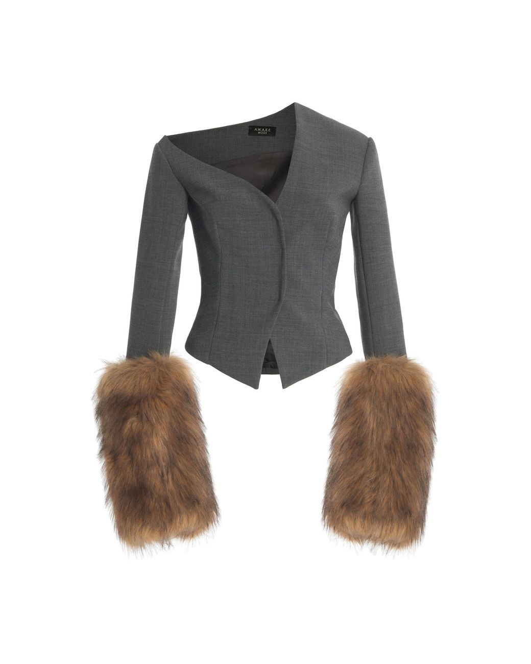 ジャケット・アウター asymmetry fur middle coat A.W.A.K.E. MODE Asymmetric Faux Fur-trimmed Jacket in Black
