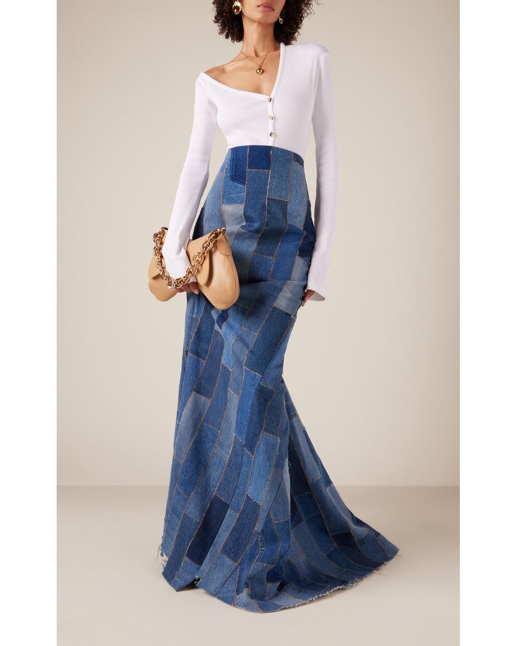 A.W.A.K.E. MODE Gathered Patchwork Denim Maxi Skirt in Blue | Lyst