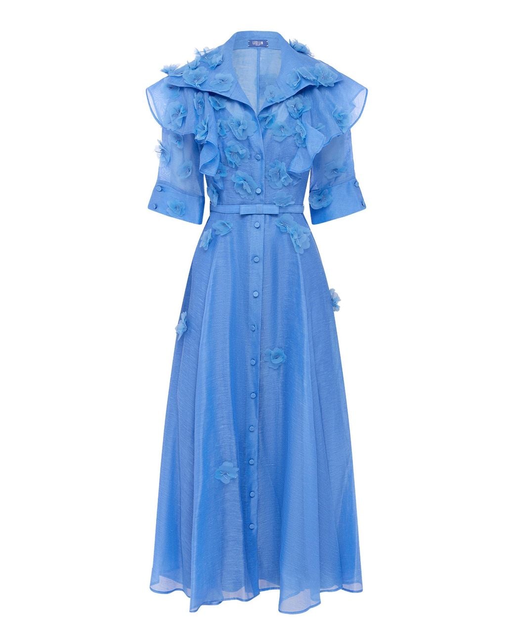 LEO LIN Blue Anya Petal-Embellished Linen-Silk Button-Up Midi Dress