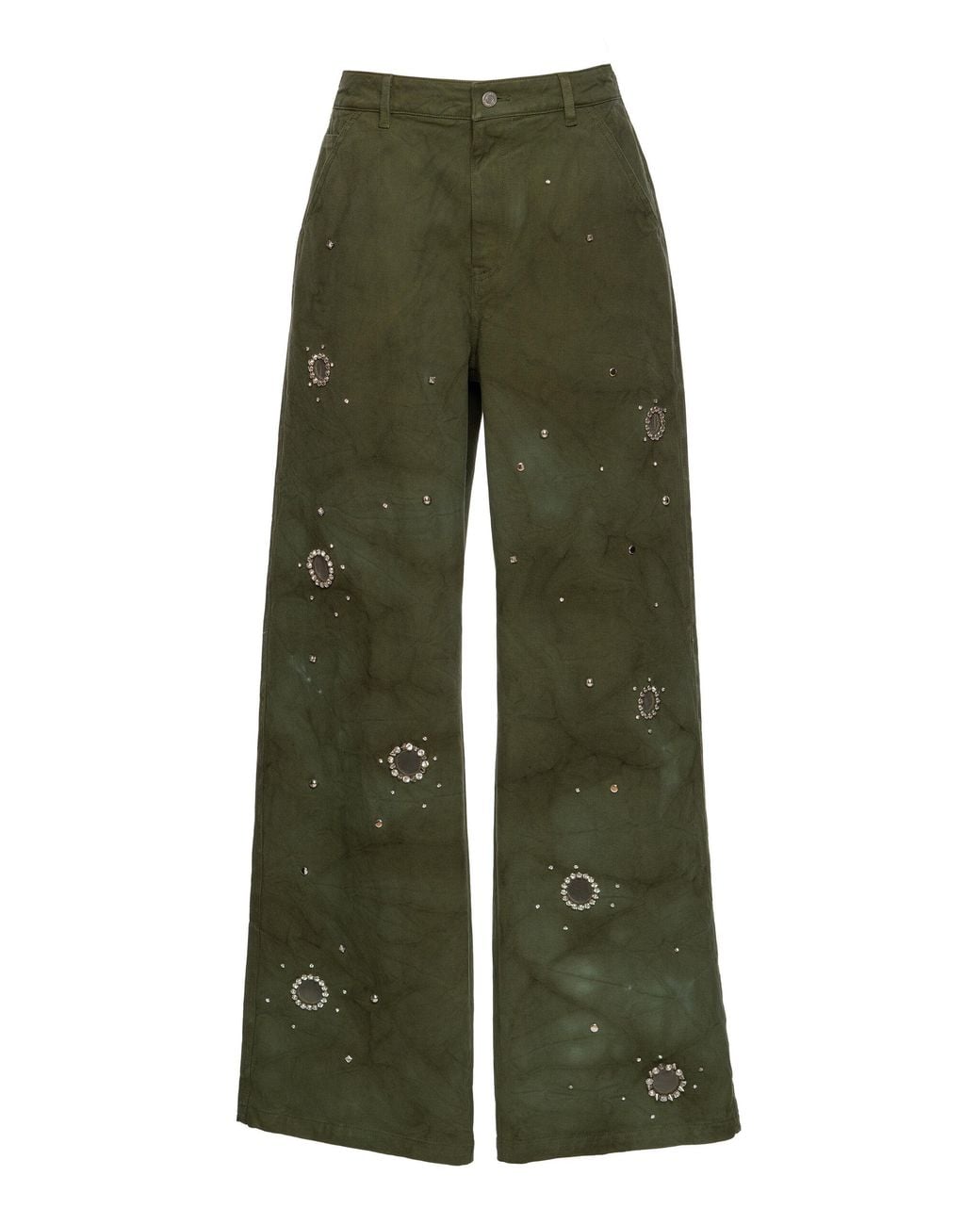 DES_PHEMMES Green Embellished Stretch-Cotton Wide-Leg Pants