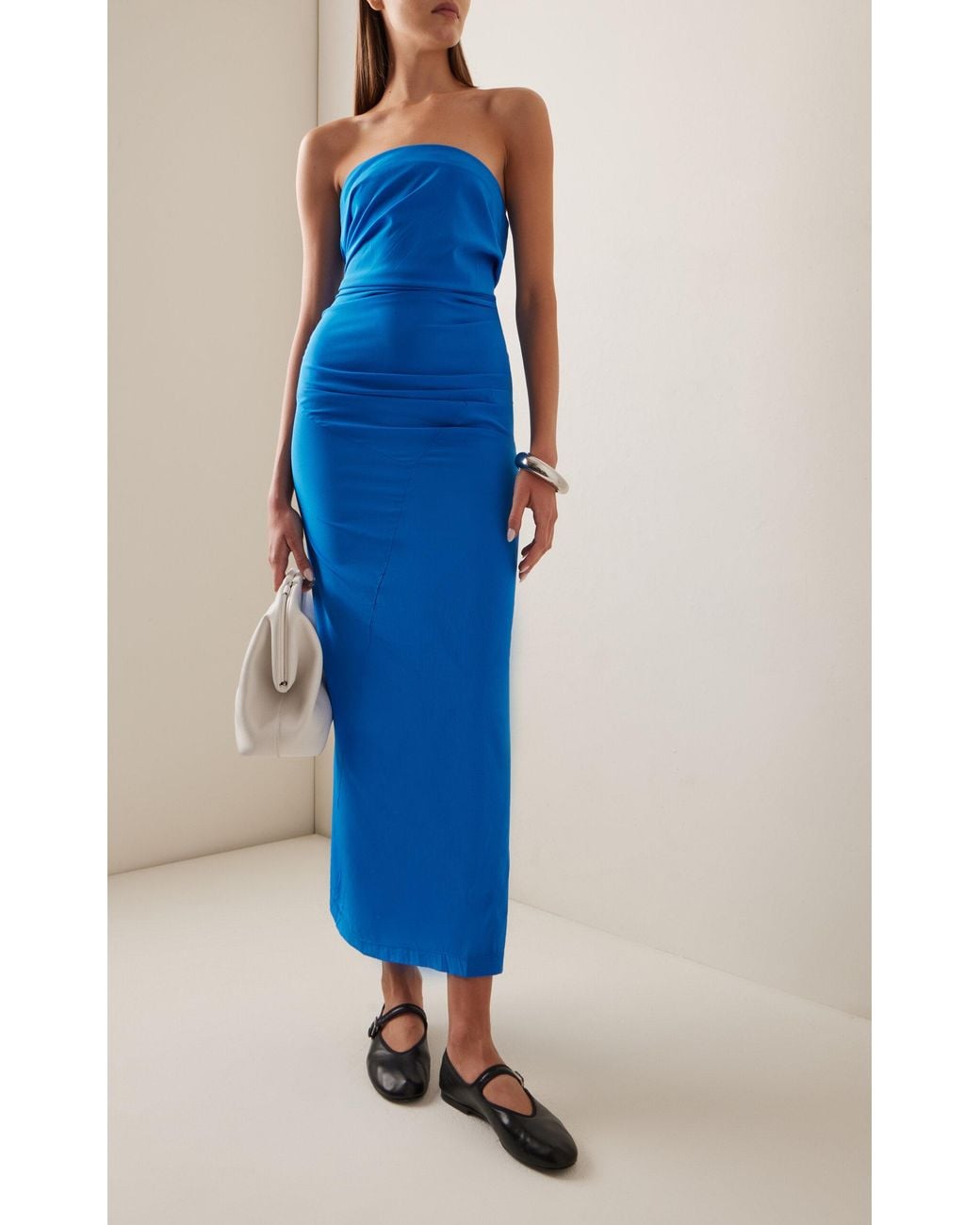 proenza schouler strapless blue dress Proenza Schouler Odette Strapless Silk-blend Maxi Dress in Blue