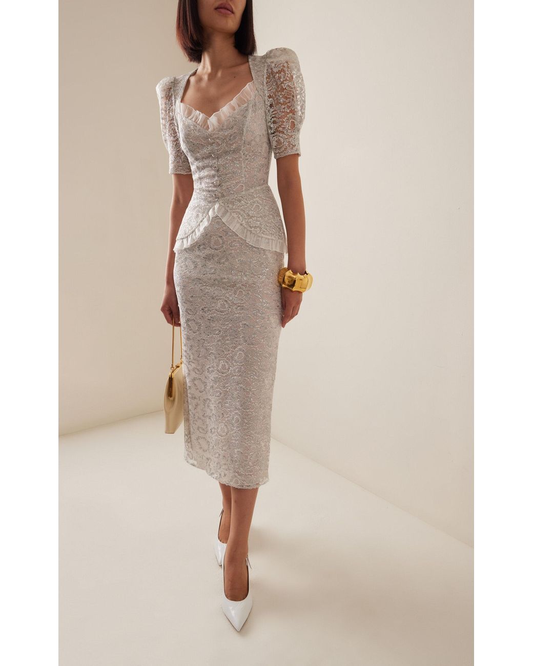 Alessandra Rich Tailored Metallic Lace Midi Dress in White | Lyst