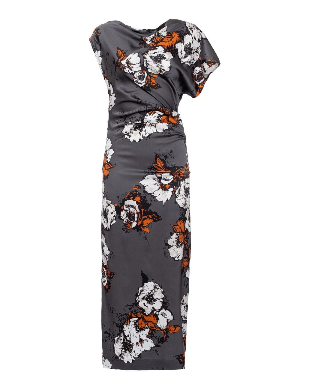 DES_PHEMMES Gray One-Shoulder Printed Stretch-Satin Midi Dress