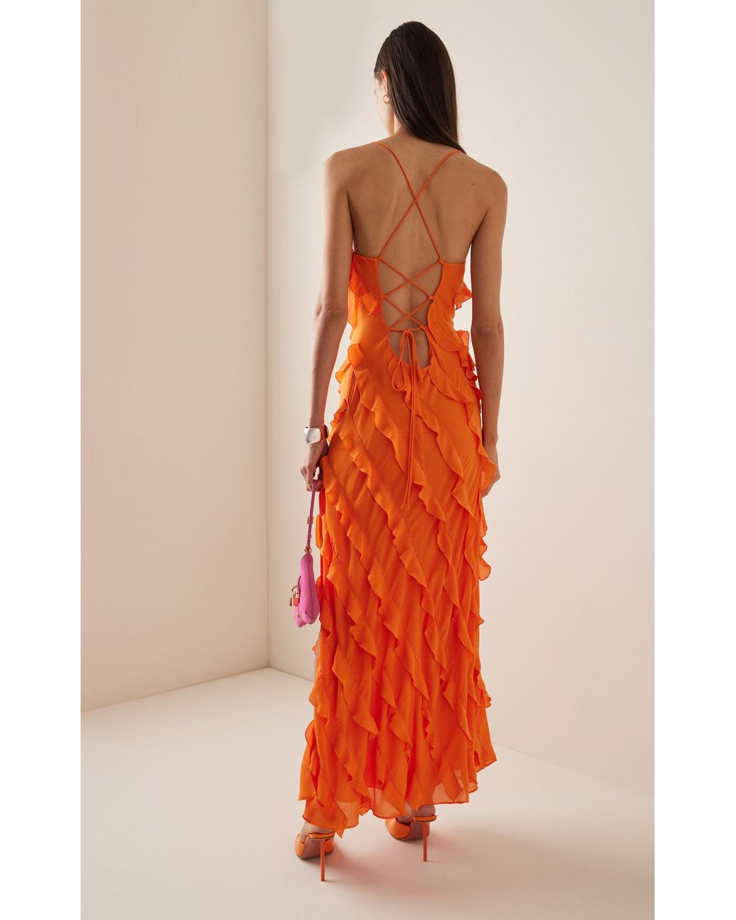 open lace back dress IZA ORANGE RUFFLE MAXI DRESS – OFUURE main image 1