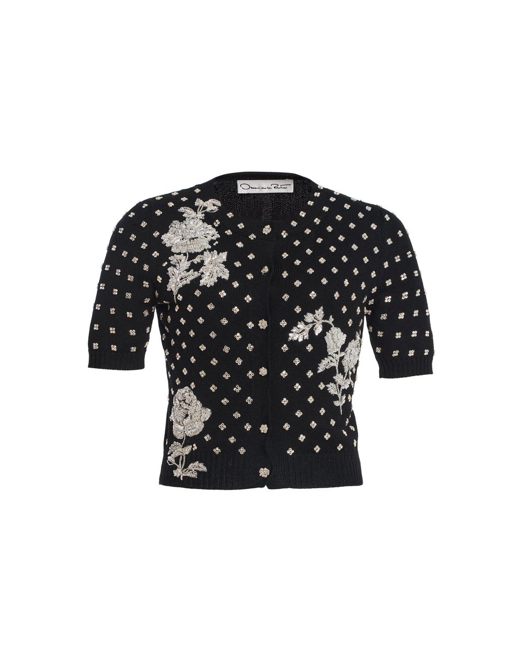 Oscar de la Renta Black Floral Crystal-Embroidered Wool Cardigan