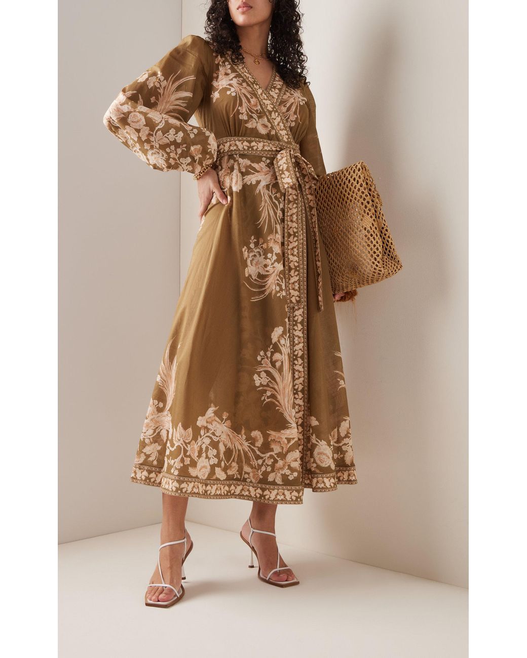 Zimmermann Anneke Floral Linen Midi Wrap Dress in Green | Lyst