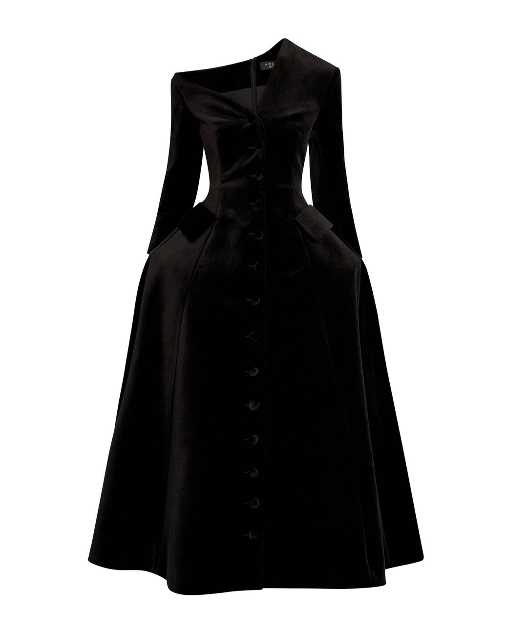 A.W.A.K.E. MODE Black Cotton Off-The-Shoulder Basque Midi Dress