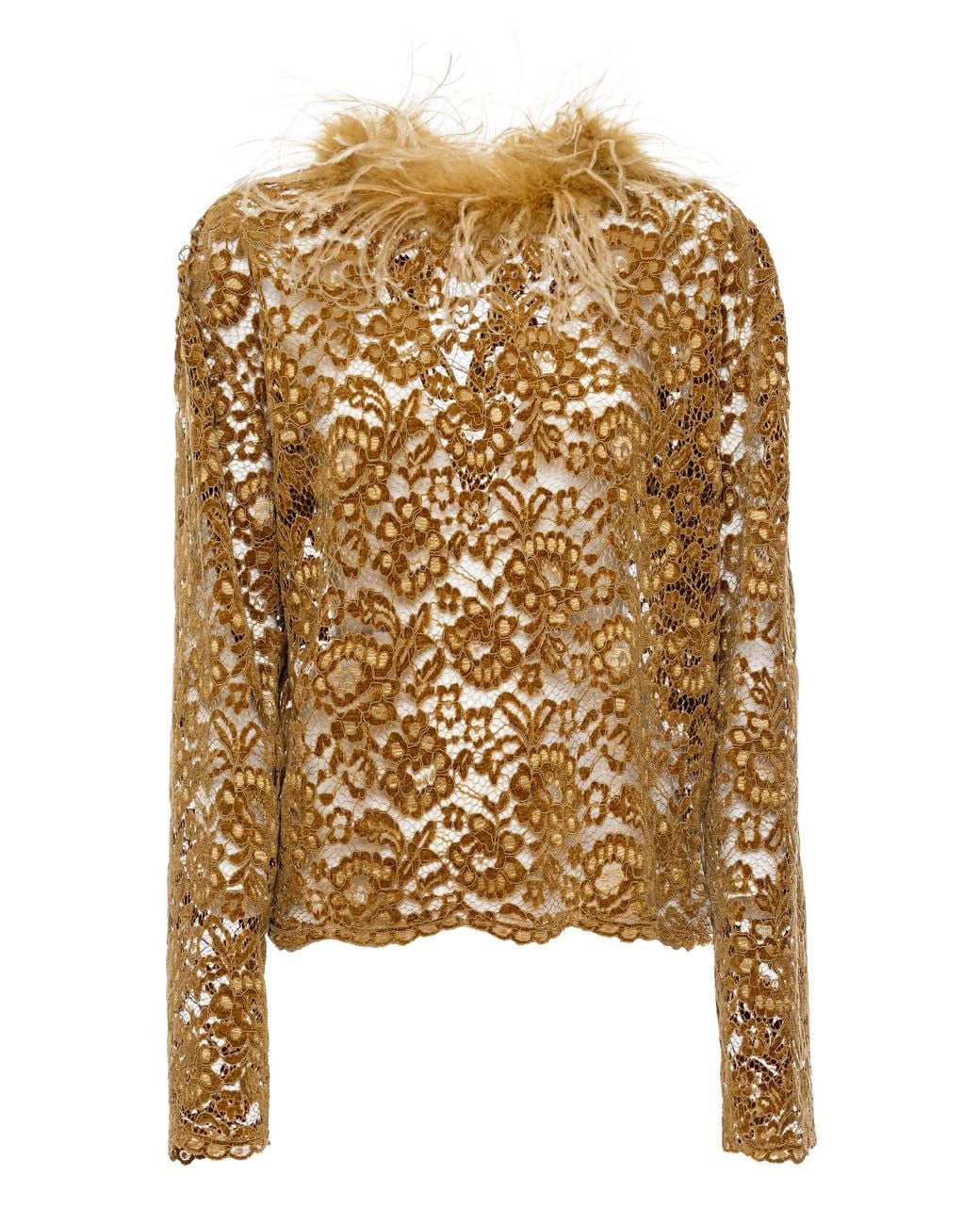 DES_PHEMMES Metallic Feather-Trimmed Lace Top