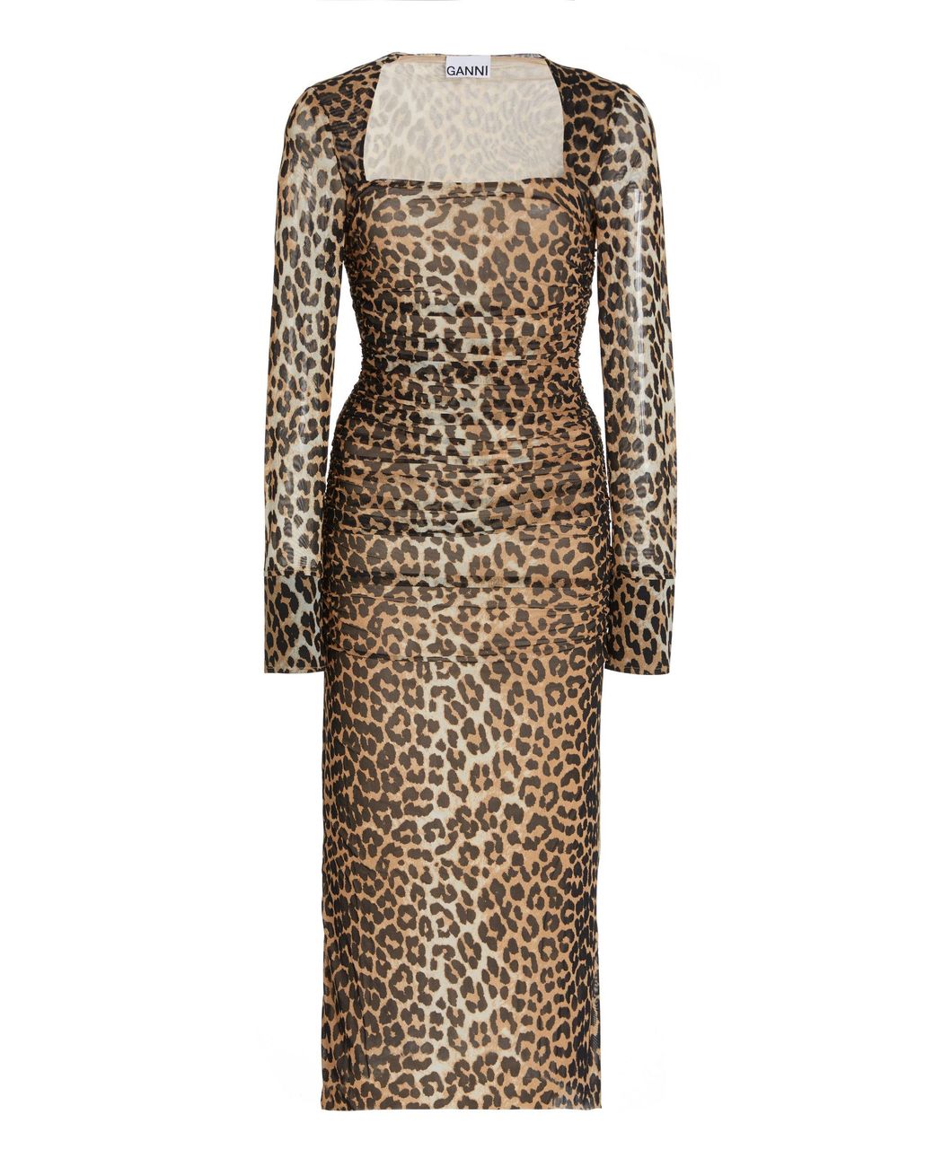 Ganni Ruched Leopard-print Mesh Midi Dress | Lyst