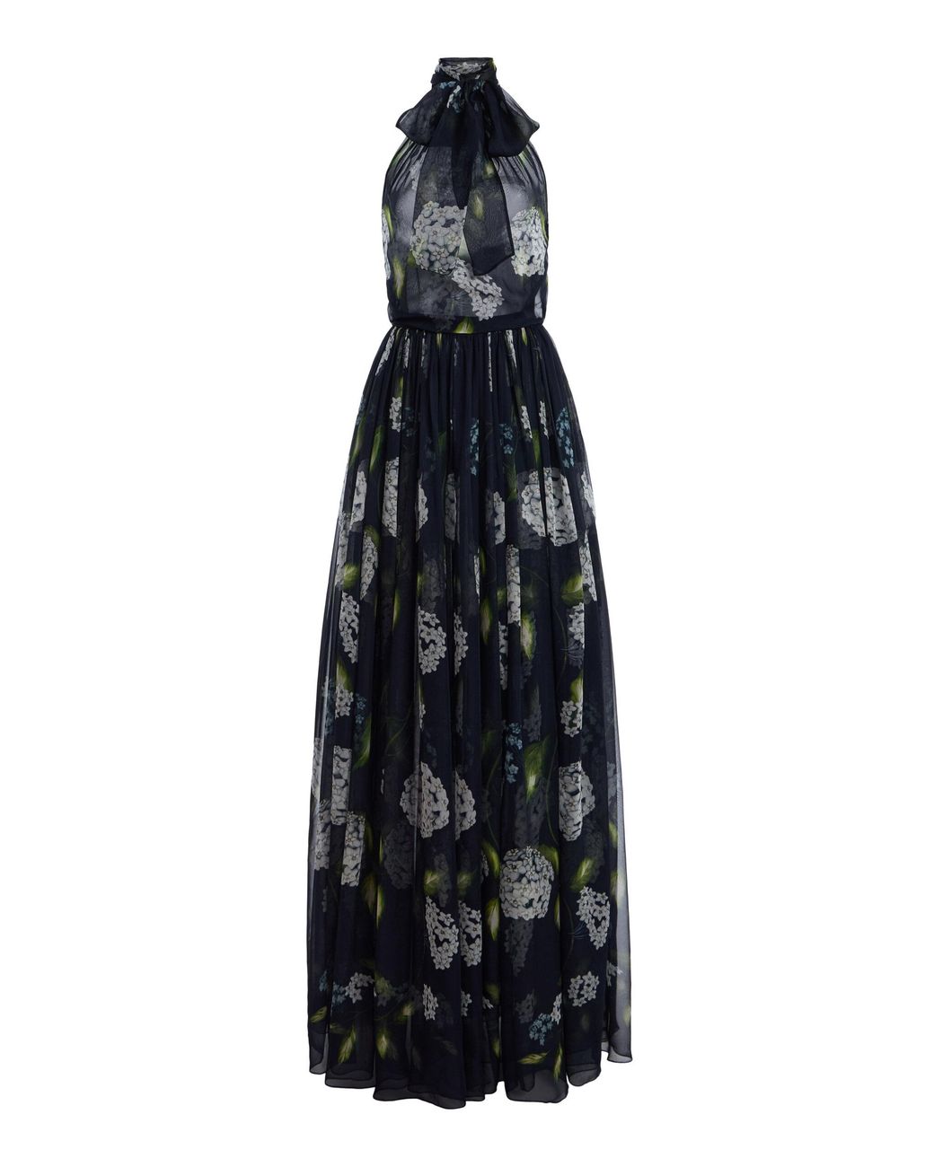 Oscar de la Renta Blue Porcelain Flowers Silk Chiffon Halter Gown
