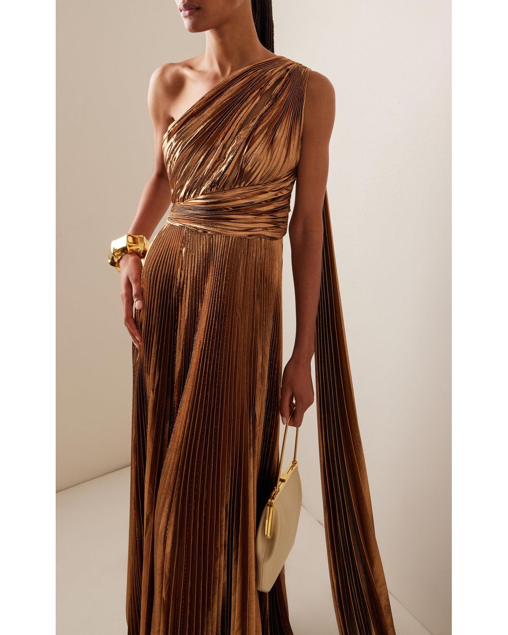 Zuhair Murad One-shoulder Plissé Silk-blend Lamé Gown in Brown | Lyst
