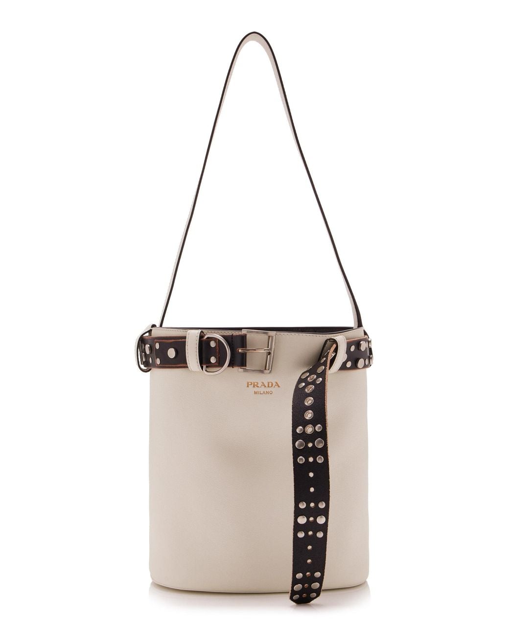 Prada White Buckle Leather Bucket Bag
