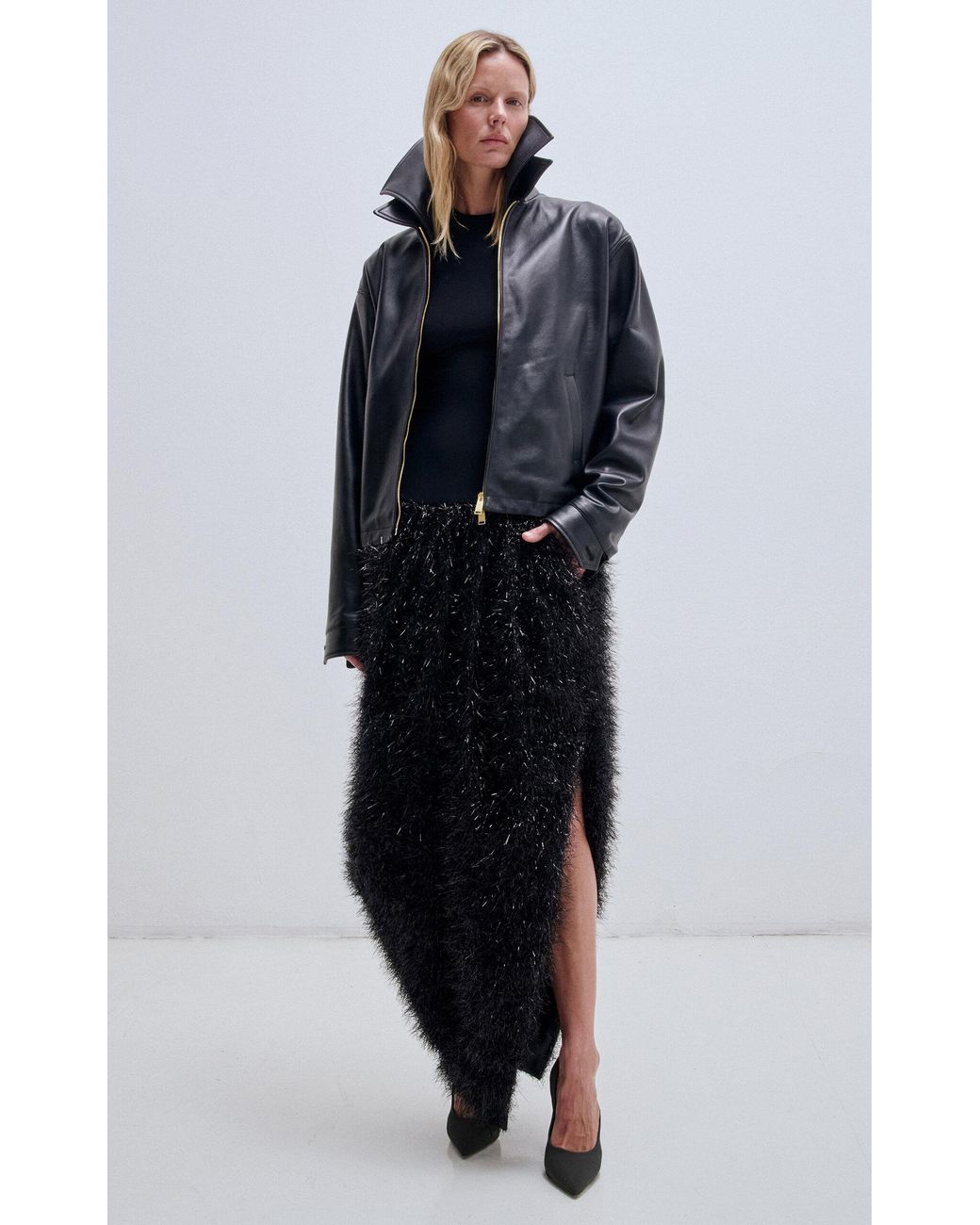 DARKPARK Blue Mabel Leather Double-Collar Bomber Jacket