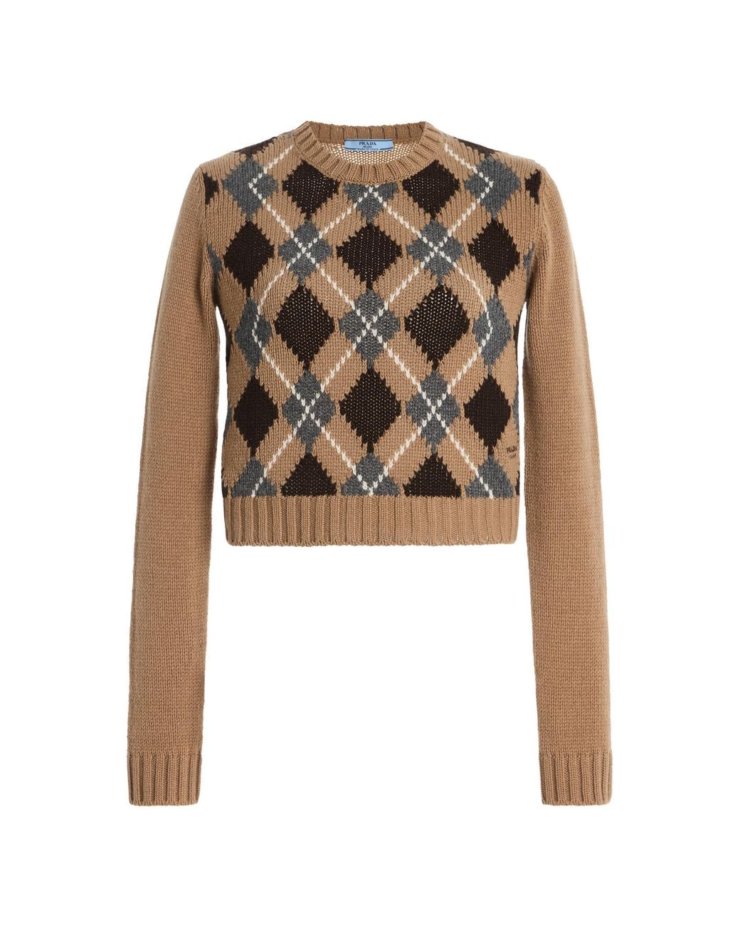 Prada White Cropped Argyle Cashmere Sweater
