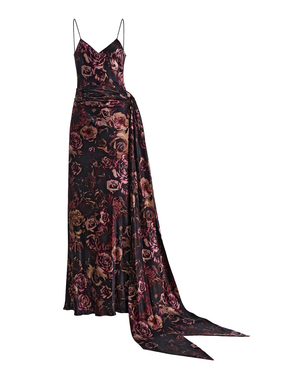 Rodarte Purple Rose-Print Silk-Satin Slip Scarf Gown