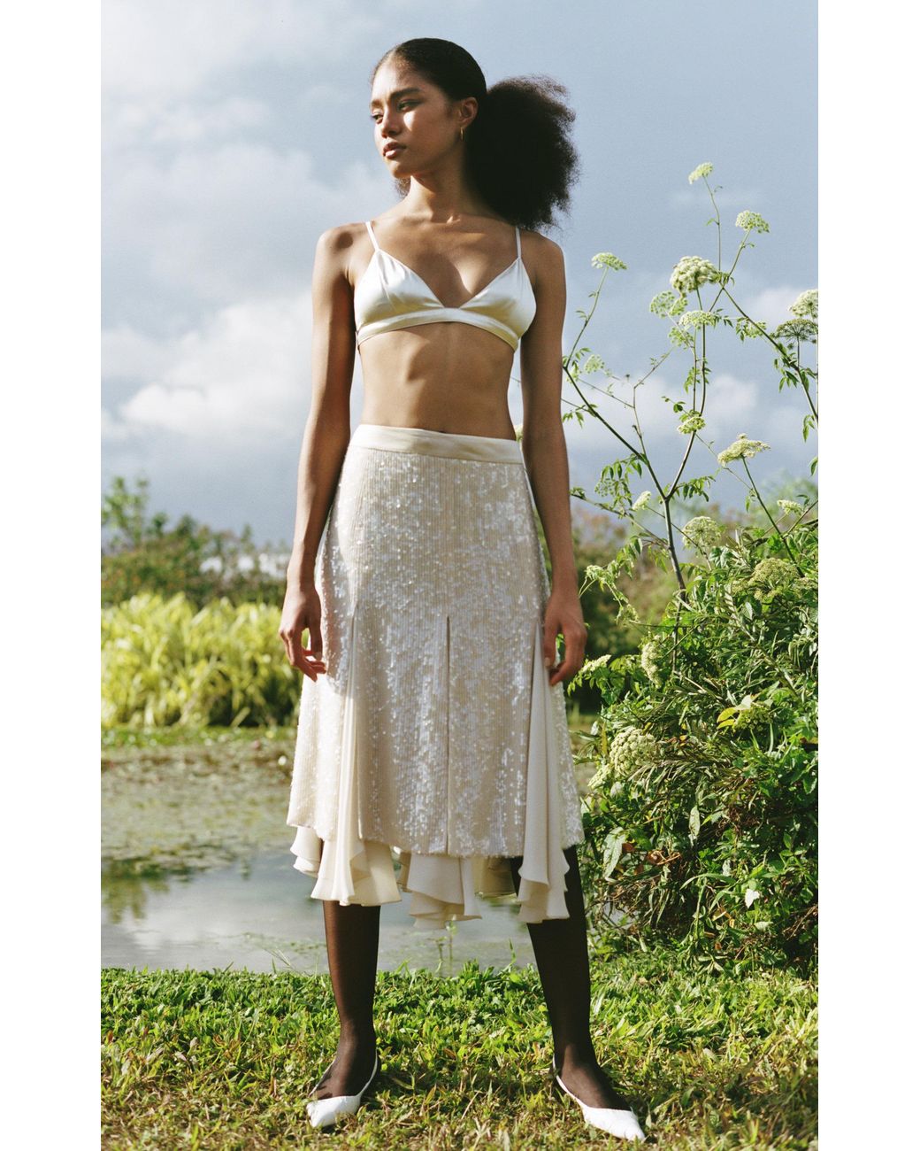 Khaite Aya Sequin Midi Skirt in Natural Lyst