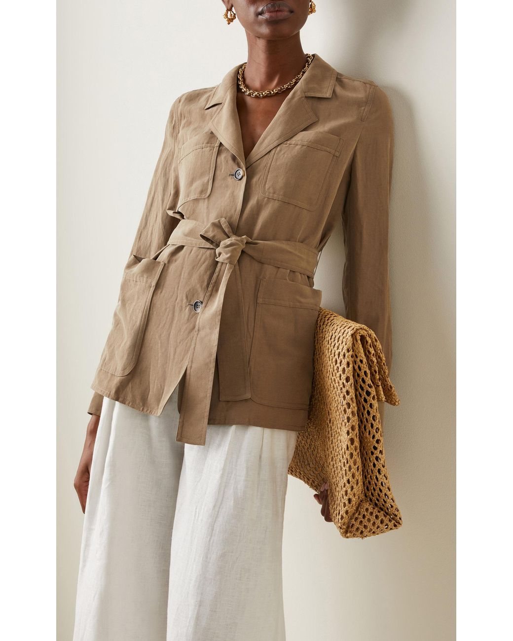 Max Mara Olindo Belted Linen silk Jacket in Brown Lyst
