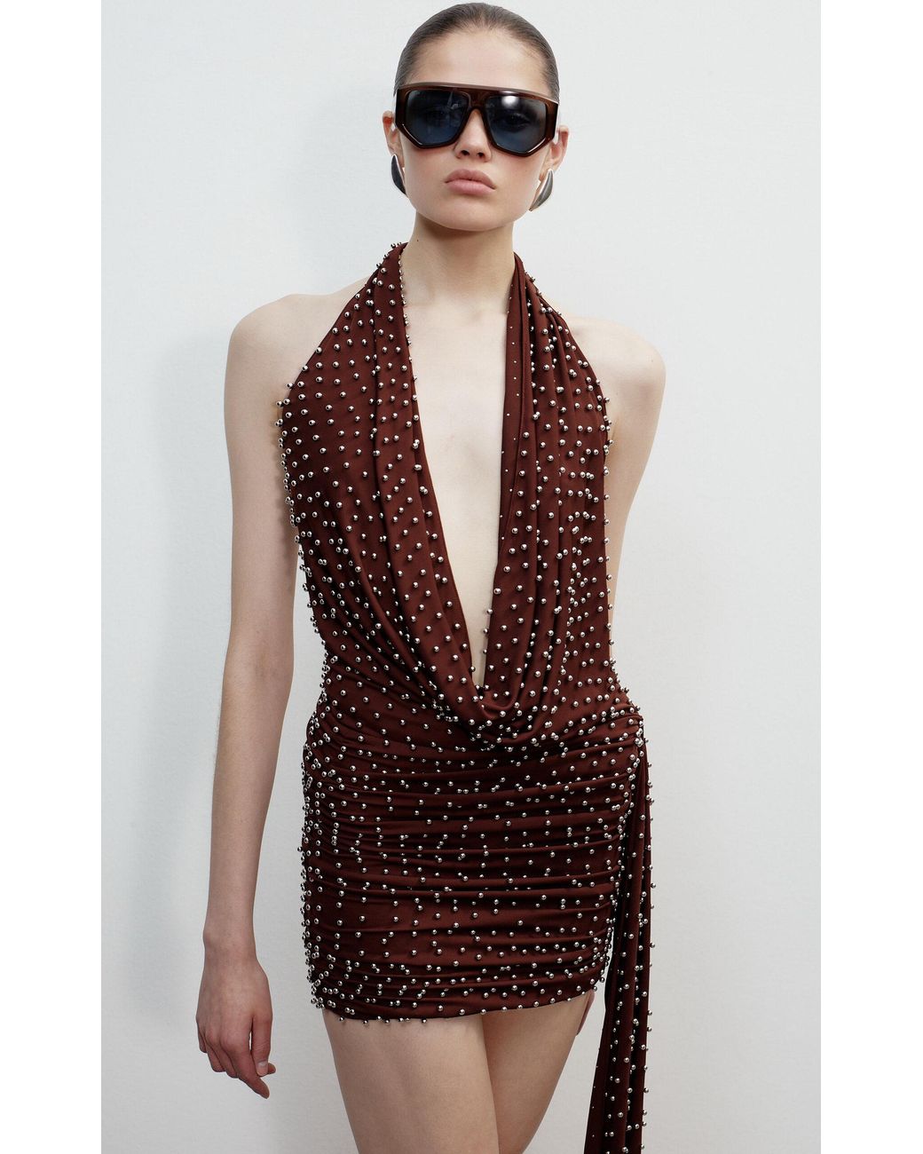 The New Arrivals Ilkyaz Ozel Brown Agel Plunging Top