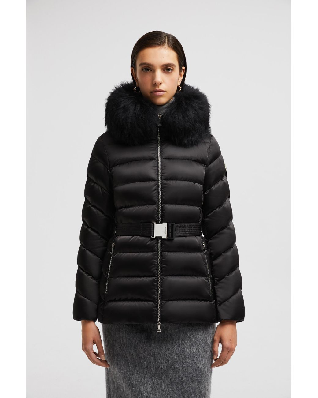 Moncler Cupidone Hooded Shearling Short Down Jacket in Brown