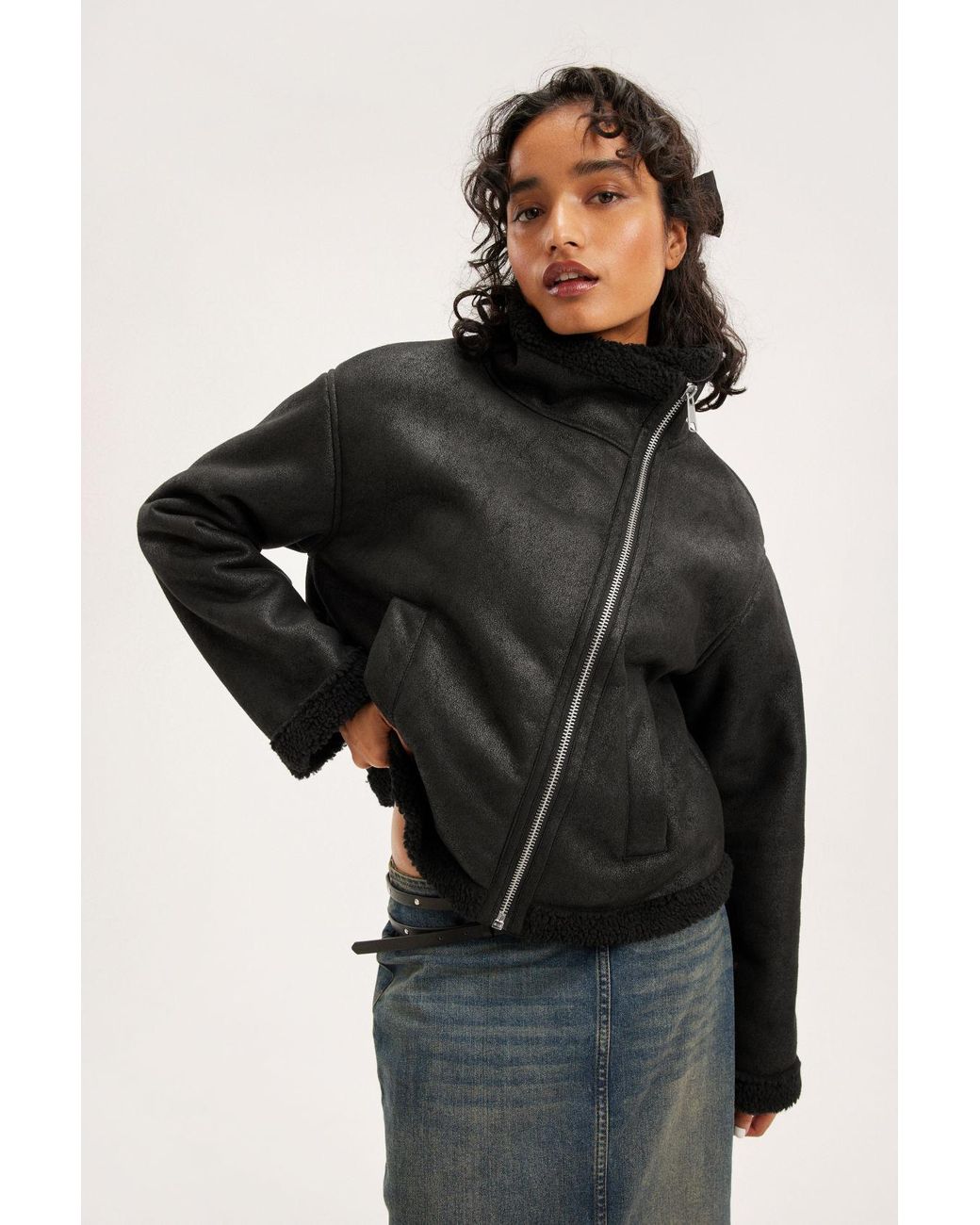 Monki Black Stand Collar Aviator Jacket