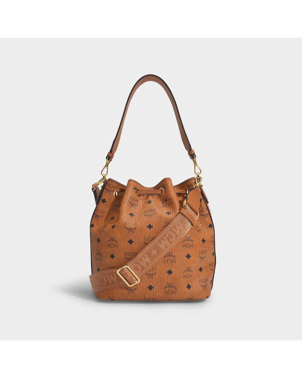 MCM Essential Visetos Original Small Drawstring Bag In Cognac