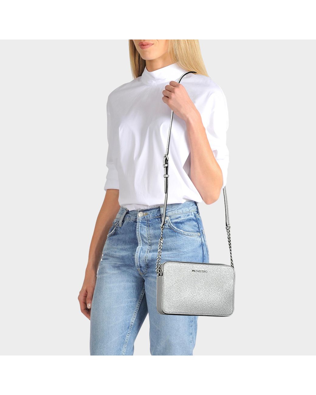MICHAEL Michael Kors Large East-west Crossbody Bag In Silver Metallic  Saffiano Leather in Gray