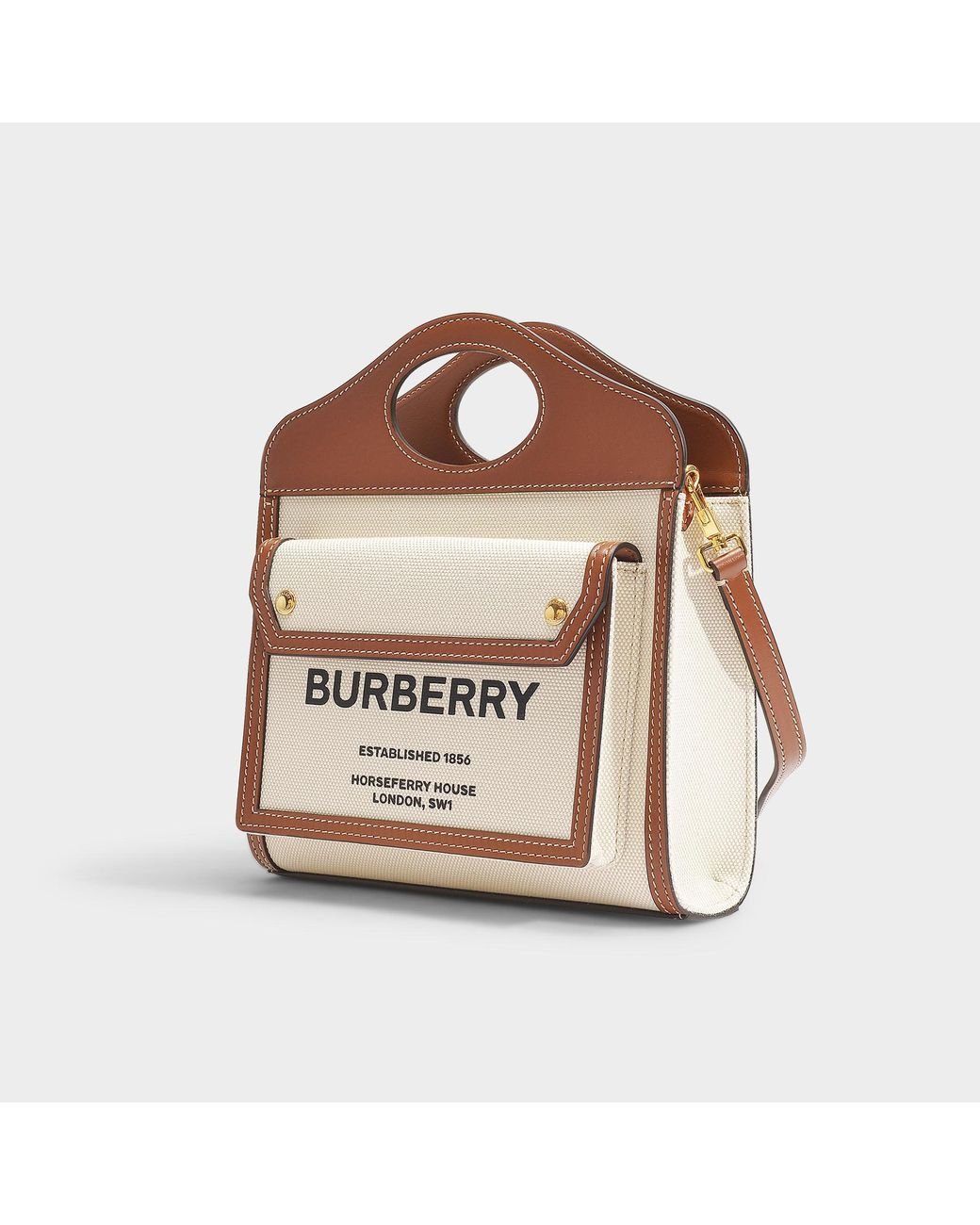 Burberry White/Brown Canvas and Leather Pocket Tote Burberry