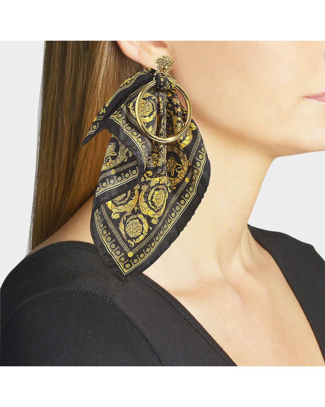 Versace Black And Gold Barocco Scarf Medusa Hoop Earrings Lyst