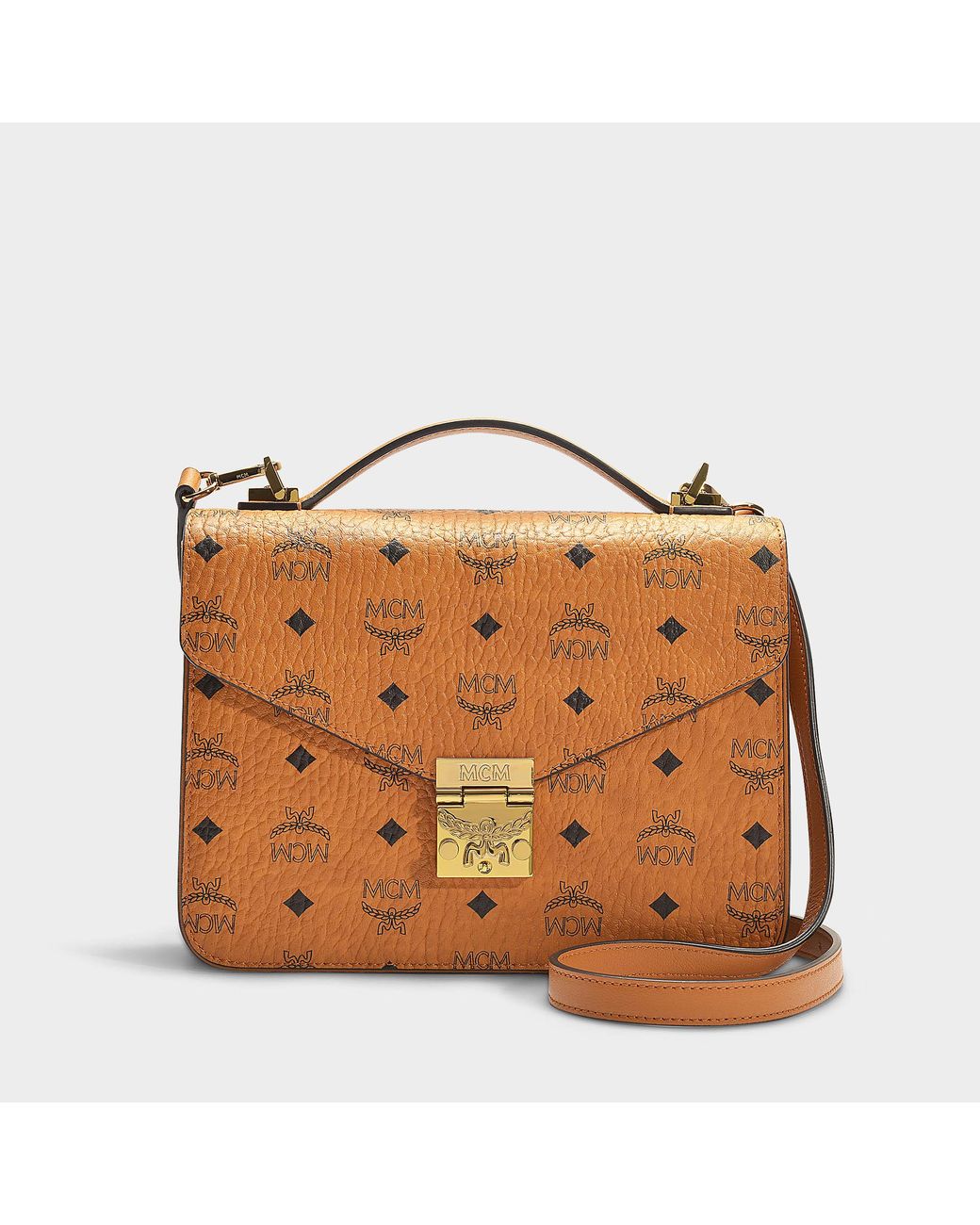 MCM Patricia Medium Satchel In Cognac Canvas in Brown