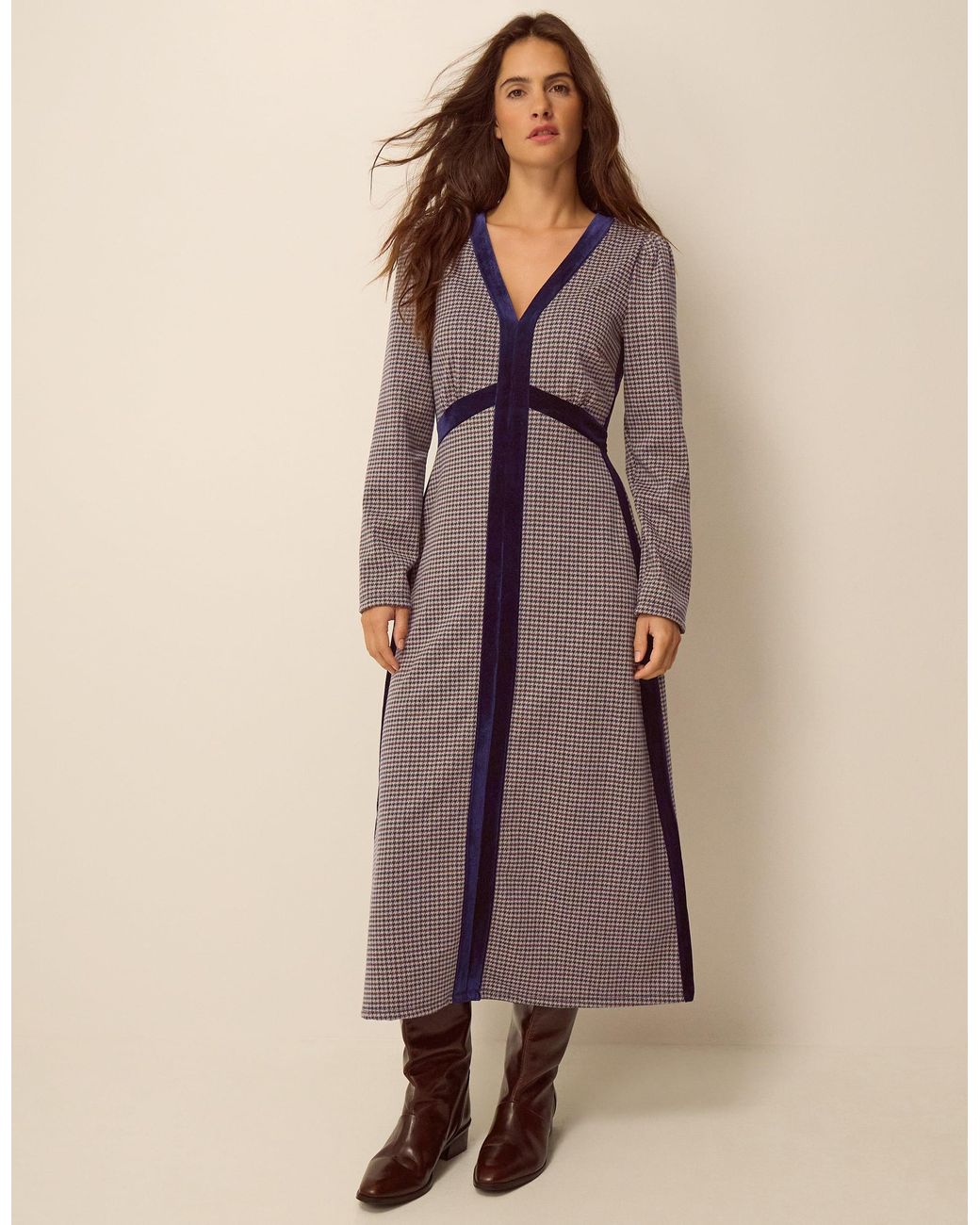 Monsoon Claude Houndstooth Jersey Midi Dress Brown
