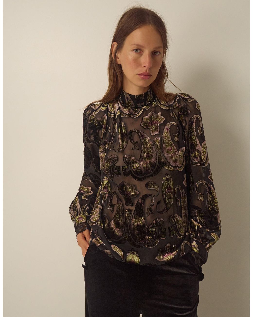 Monsoon Brown Jaz High Neck Paisley Devoré Top Green