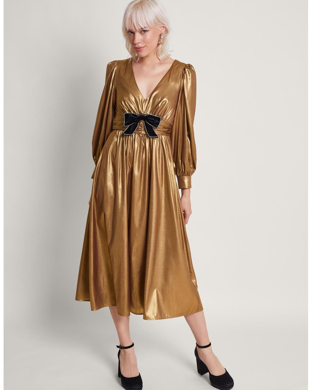 Monsoon Gracie Bow Midi Dress Gold in Natural Lyst UK