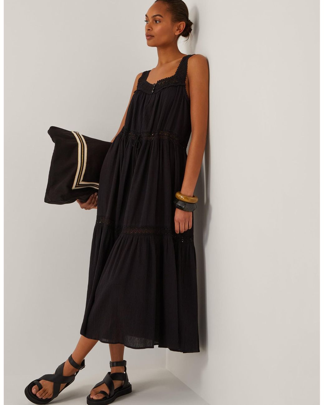Monsoon Black Maddi Sleeveless Embroidered Midi Dress