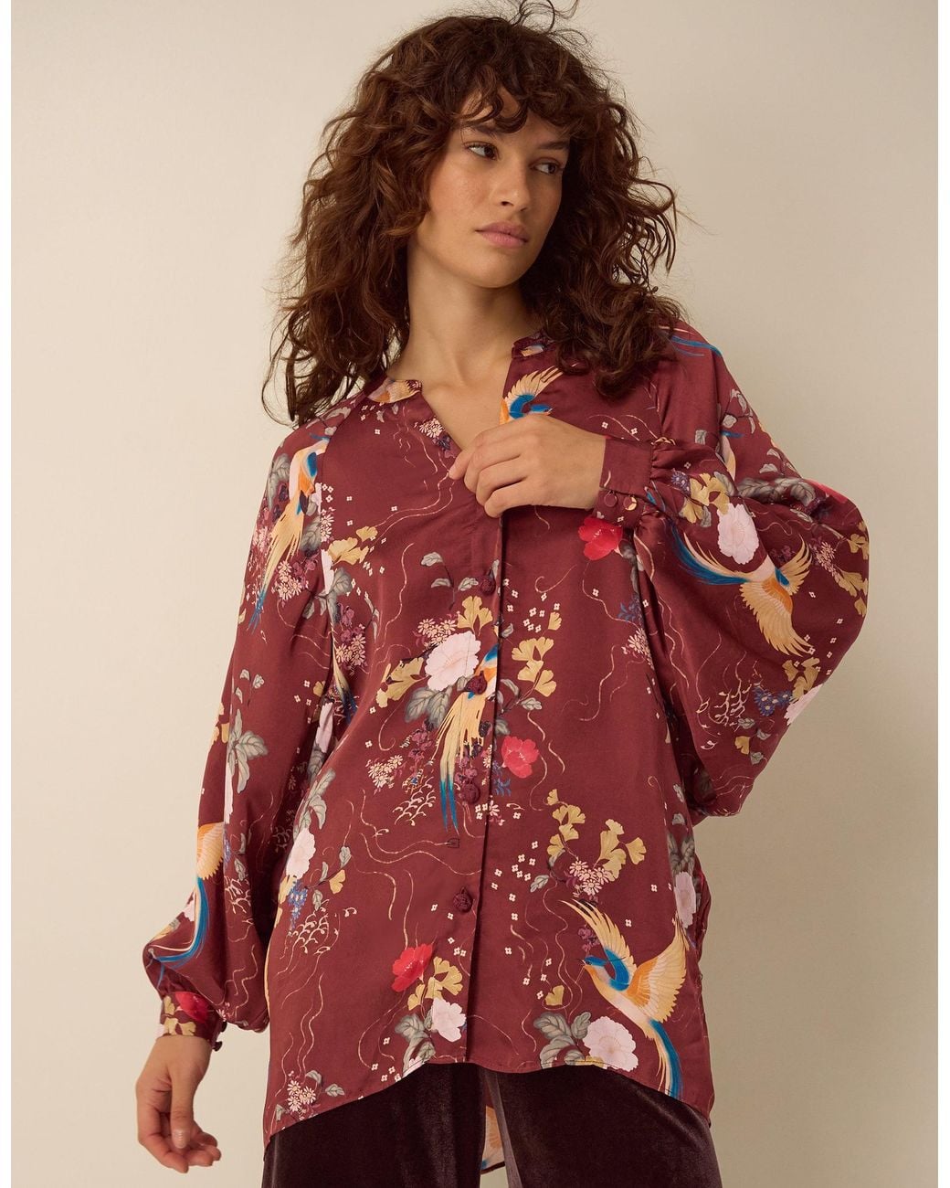 Monsoon Clemence Seraphine Floral Print Satin Blouson Blouse Red