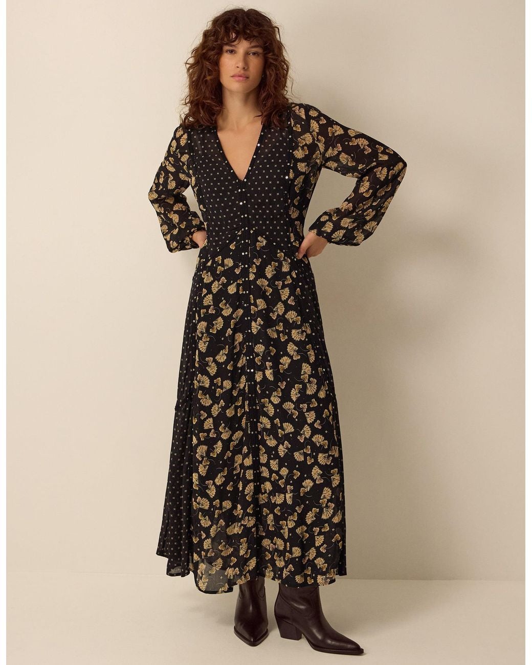 Monsoon Natural Clemence Amelie Long Sleeve Contrast Print Midi Dress Black