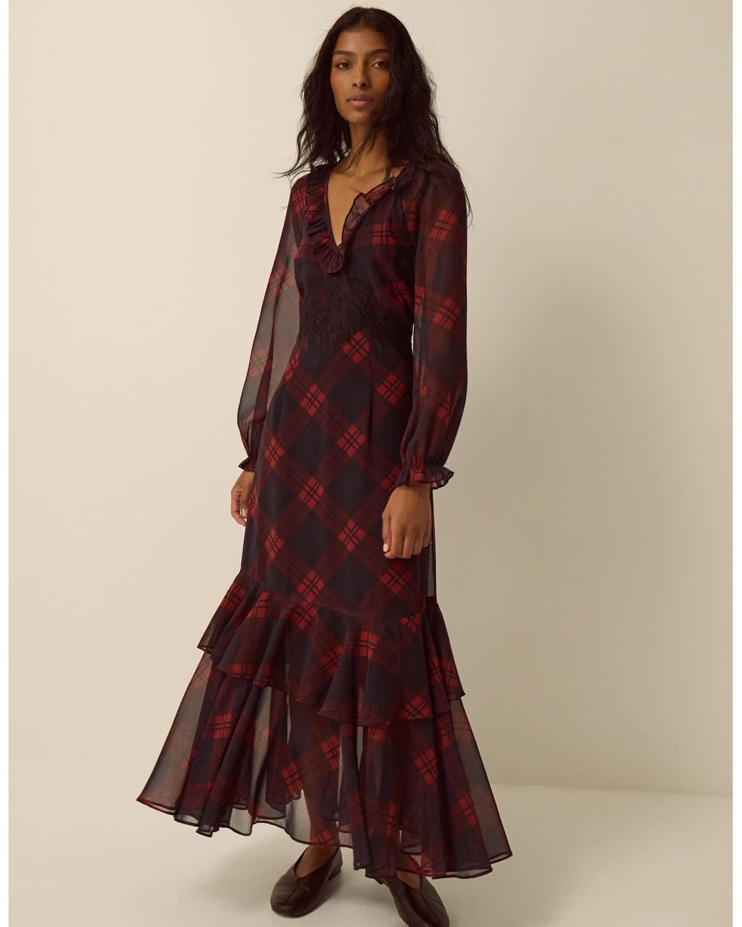 Monsoon Brown Rowena Check Lace Midi Dress Red