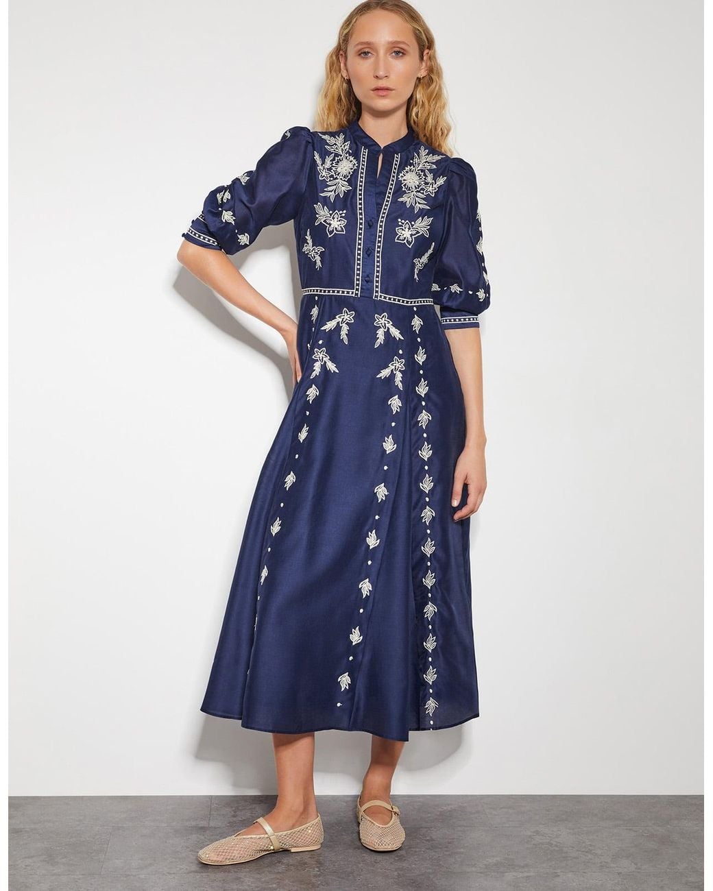 monsoon blue embroidered dress Womens Monsoon Blue Madison Sleeveless Embroidered Cotton Midi Dress XL (US 16-18)