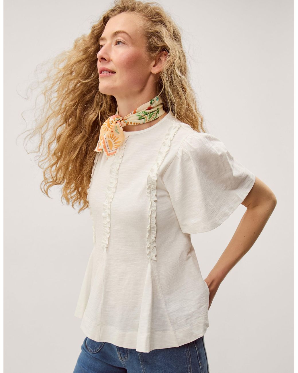Monsoon White Ria Ruffle Jersey T-shirt Ivory