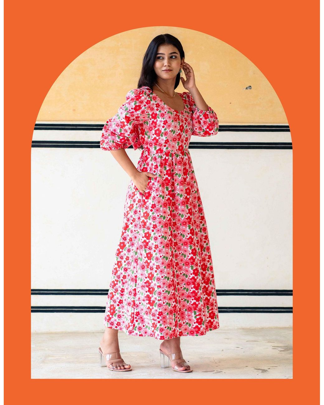 Monsoon India & Mills Lottie Poppy Print Midi Dress Pink