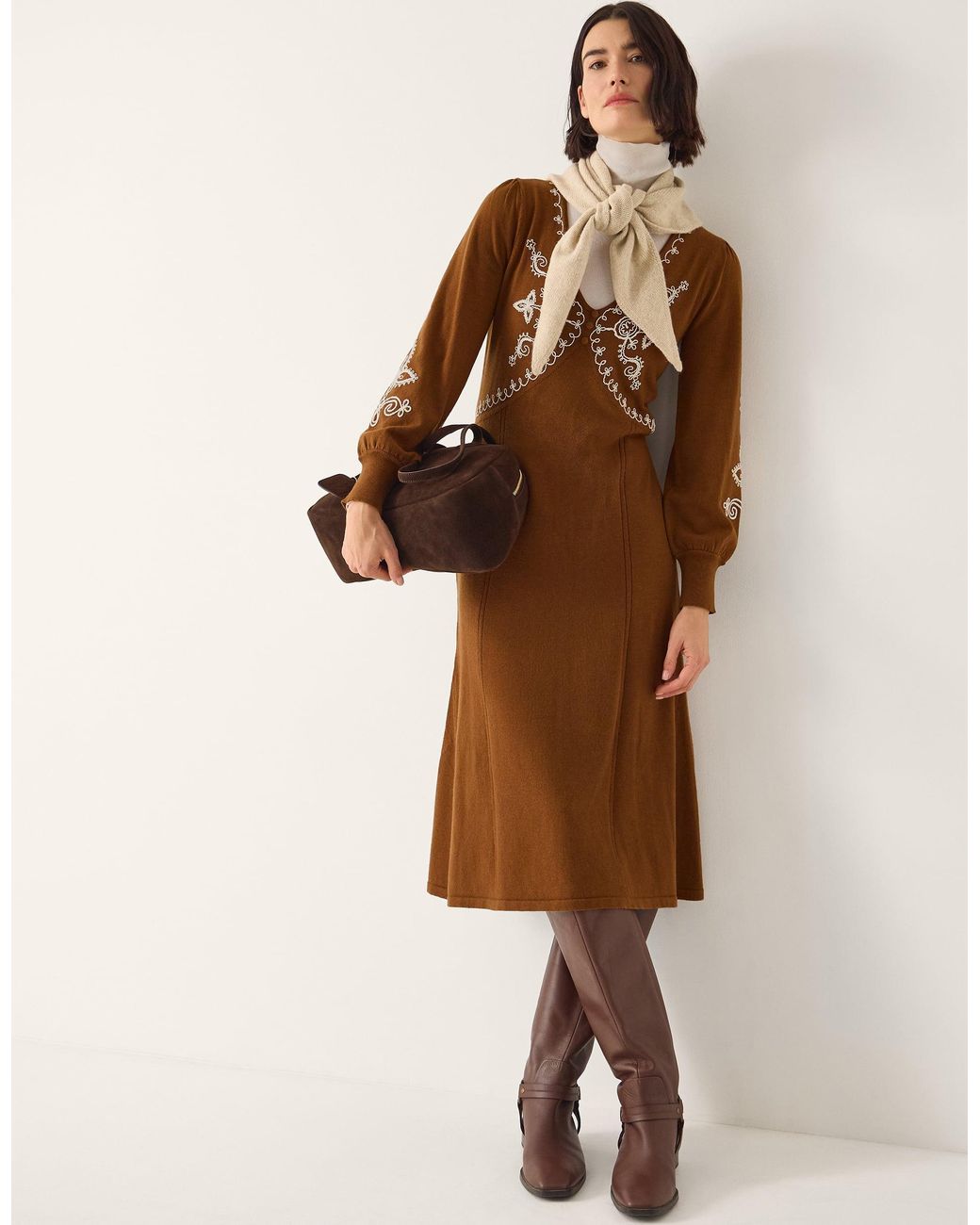 Monsoon Brown Cleo V-neck Embroidered Knit Midi Dress Orange
