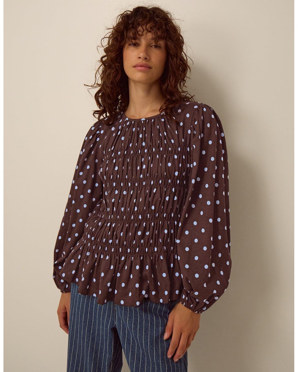 Monsoon Shae Smocked Polka Dot Jersey Top Brown