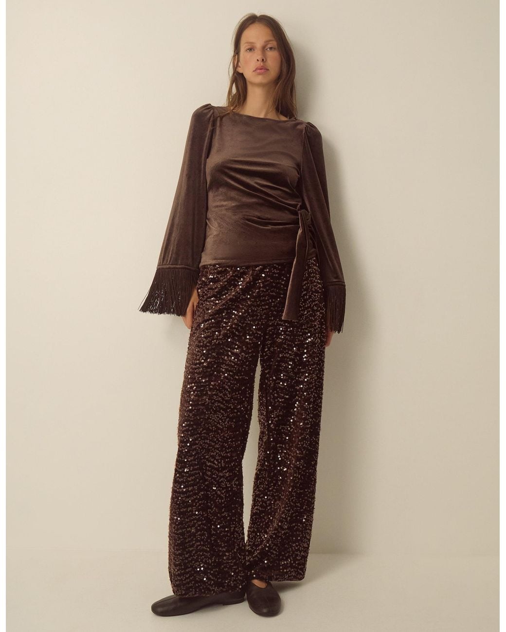 Monsoon Samie Sequin Velvet Wide Leg Trousers Brown