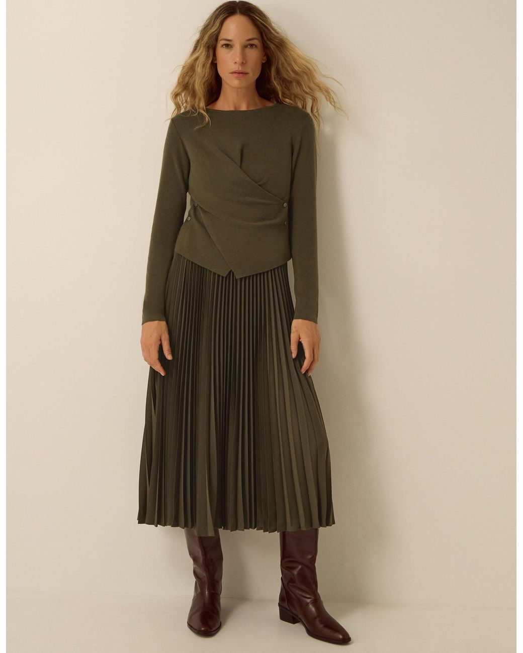 Monsoon Green Fiz Drape Pleated Midi Dress