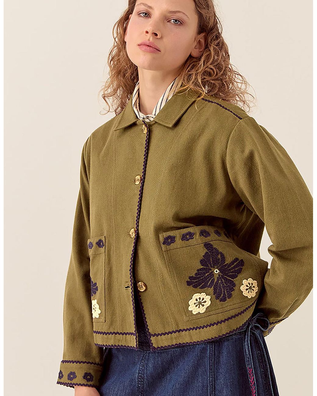 Monsoon Brown East Bella Embroidered Cotton Twill Jacket Green